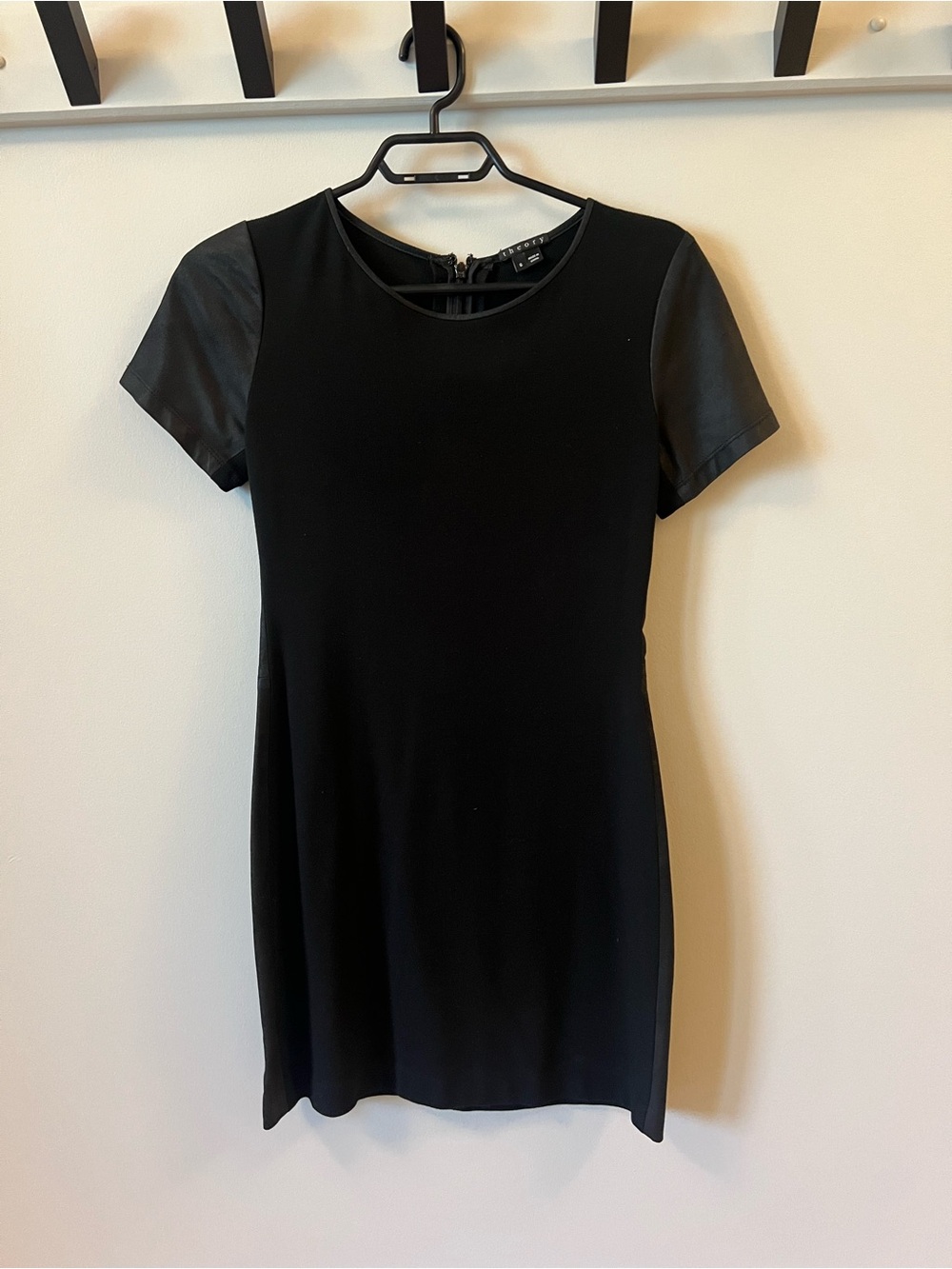 Theory Black Shift Dress with Faux Leather Short Sleeves